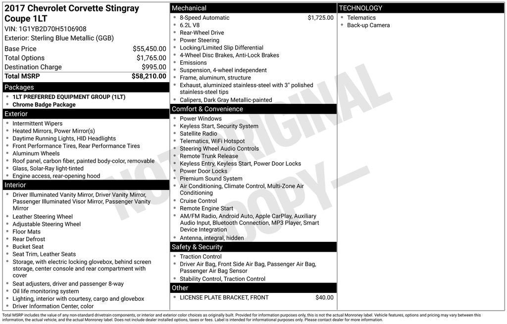 2017 Chevrolet Corvette Stingray 1LT